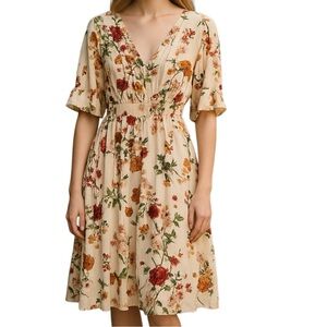 Floral multi-color lightweight short sleeve summer dress hits mid thigh. Size L